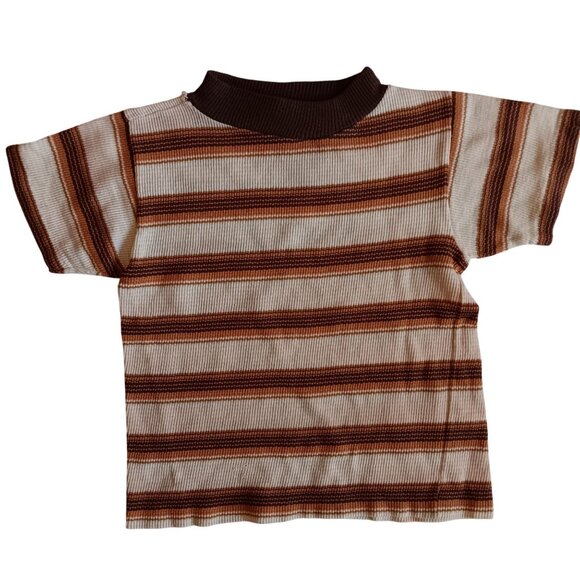 Vintage Boys 6-8 T-shirt 1970's Brady Bunch Brown Tan Striped Ribbed Knit Groovy - Picture 1 of 6